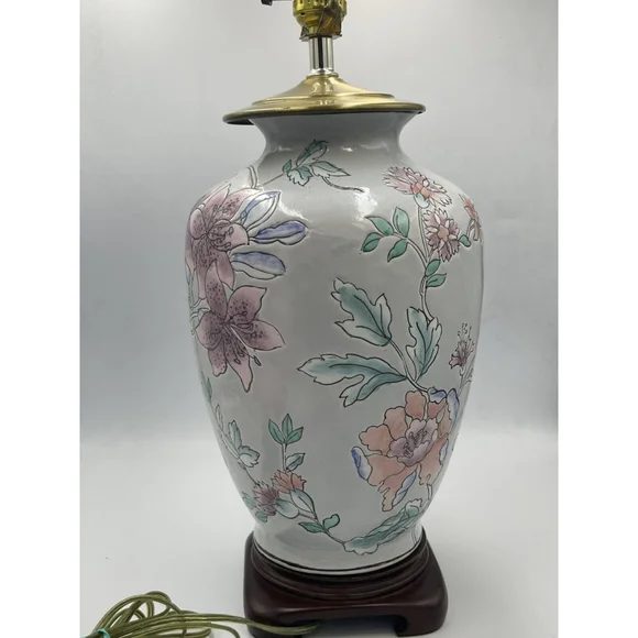 VTG Asian Blue Floral Ginger Jar Ceramic Table Lamp Painted Flowers 18” No Shade